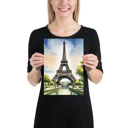 Woman holding the Paris Eiffel Tower watercolour matte poster in A4 size by Impressions Art UK.