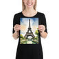 Woman holding the Paris Eiffel Tower watercolour matte poster in A4 size by Impressions Art UK.