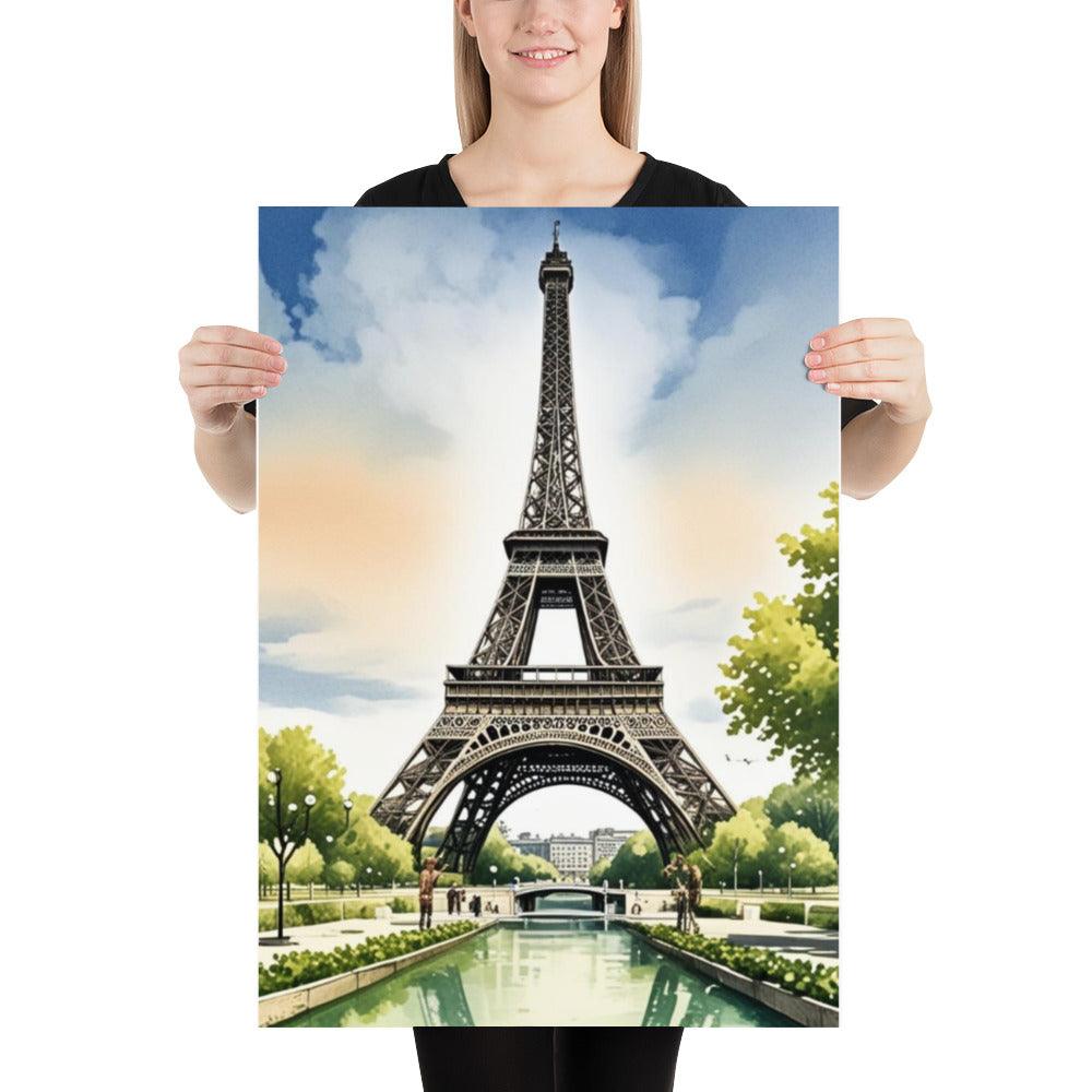 Woman holding the Paris Eiffel Tower watercolour matte poster in A2 size by Impressions Art UK.