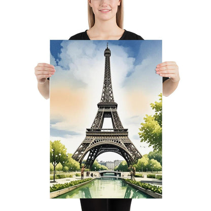 Woman holding the Paris Eiffel Tower watercolour matte poster in A2 size by Impressions Art UK.