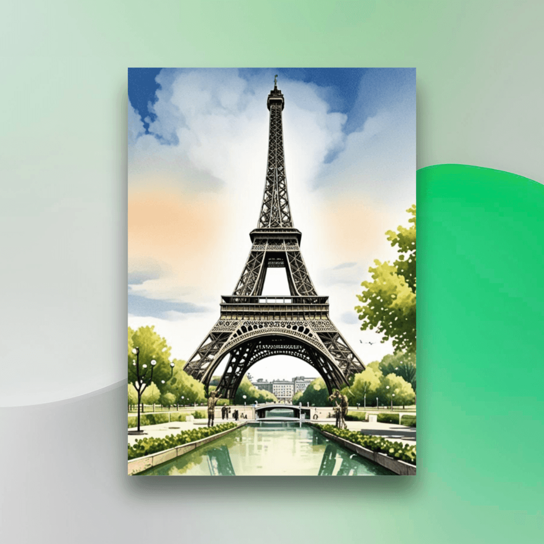 Elegant Eiffel Tower wall art with beautiful painted landscape design on a matte poster for stylish UK decor.