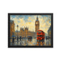 Framed painting of a London city street with a red double-decker bus and Big Ben in the background. A minimalist A3 UK wallart by Impressions Art.