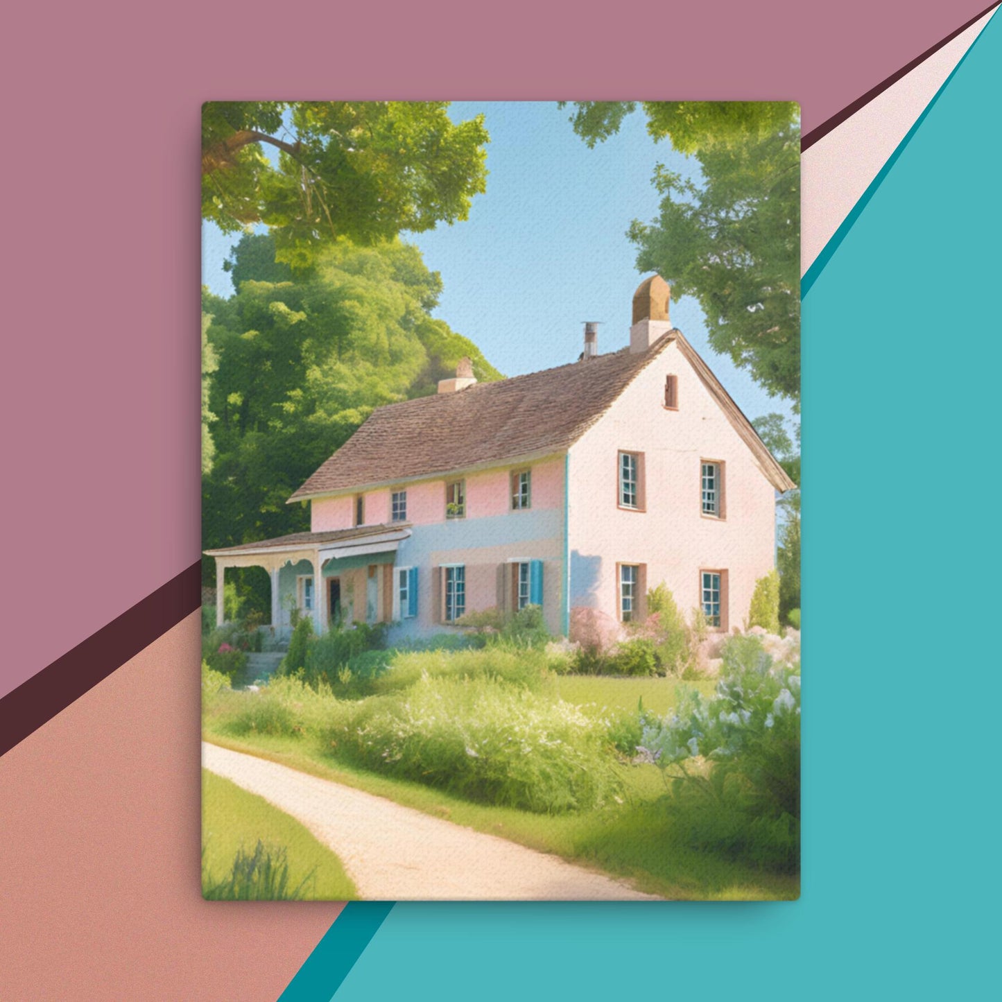 Premium retro canvas artwork in A1 of a vintage cottage on a colorful geometric background by Impressions Art for modern home decor.
