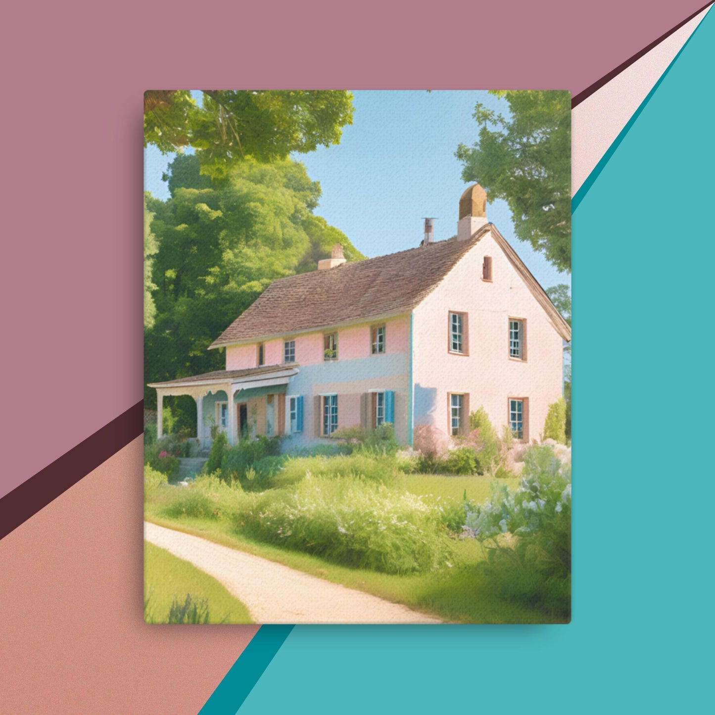 Premium retro canvas artwork in A2 of a vintage cottage on a colorful geometric background by Impressions Art for modern home decor.