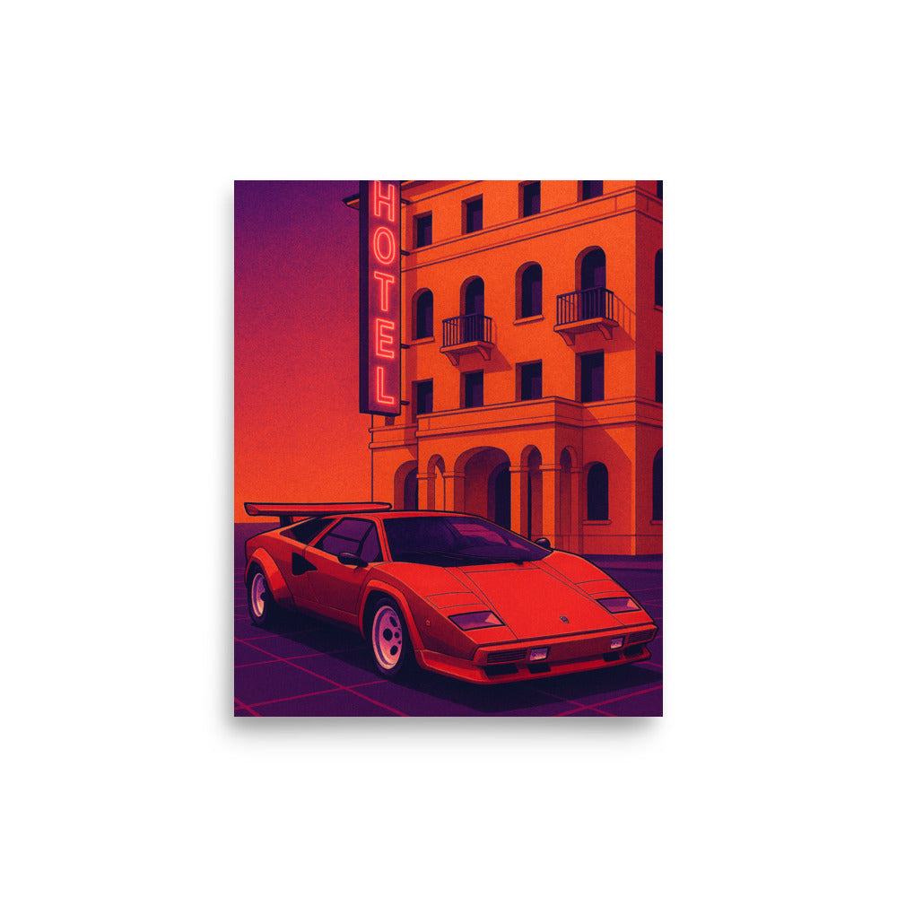 Colourful Retro Lamborghini Countach minimalist wall art poster by Impressions Art on matte finish UK print ideal for modern home or office decor.