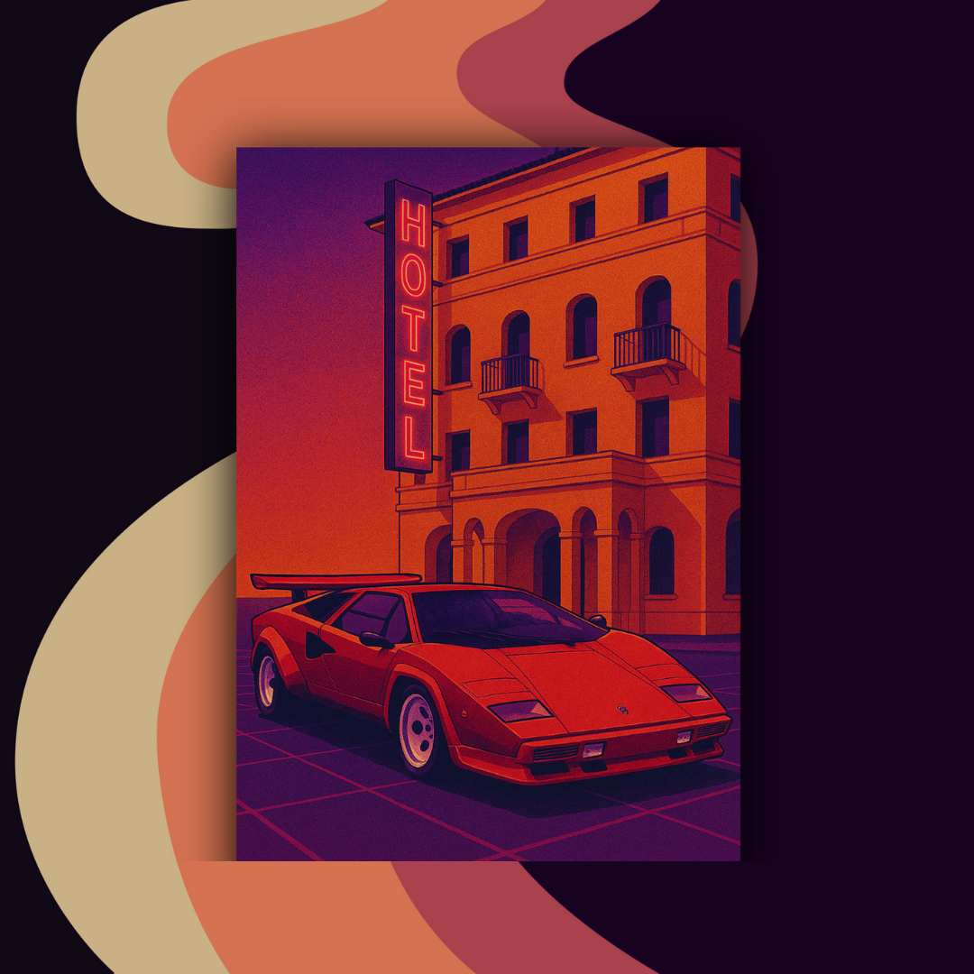 Colourful retro lamborghini countach modern UK poster for home and office decor by Impressions Art.