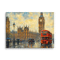 Beautiful A1 canvas painting of a London street with a red double-decker bus, Big Ben, and people with umbrellas as a wall art at Impressions Art. 