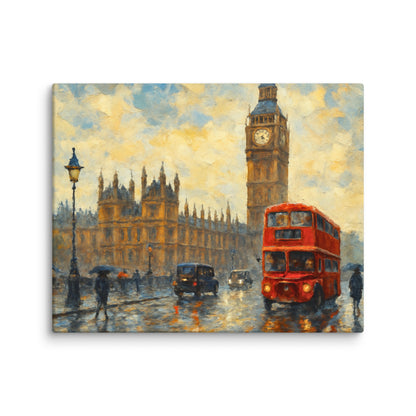 Beautiful A2 canvas painting of a London street with a red double-decker bus, Big Ben, and people with umbrellas as a wall art at Impressions Art. 