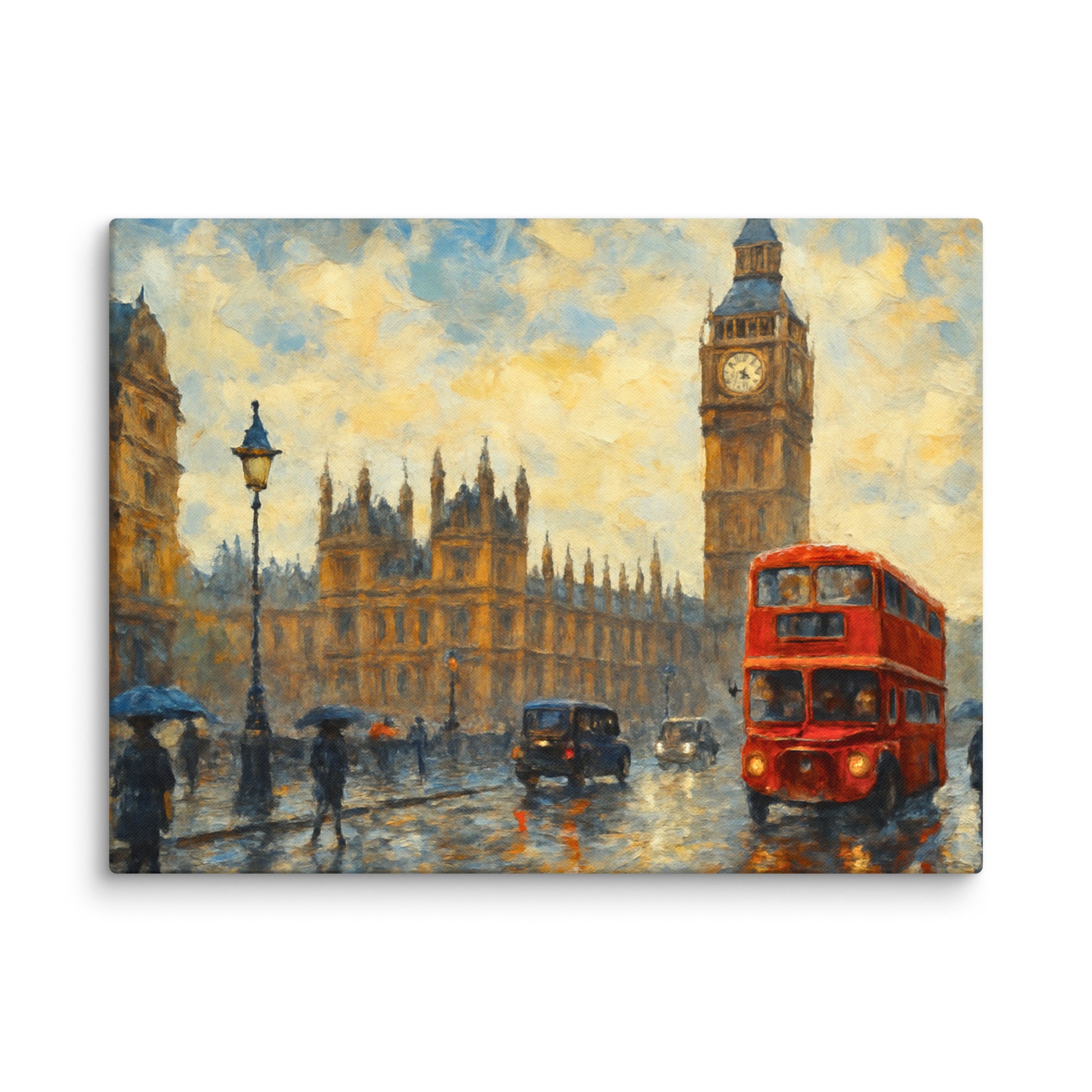 Premium A2 canvas wall art of a London street with a red double-decker bus, Big Ben, and people with umbrellas for modern home decor.