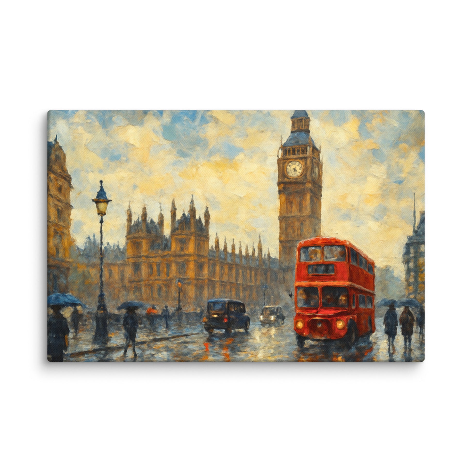 Premium A2 canvas wall art of a London street with a red double-decker bus, Big Ben, and people with umbrellas for modern home decor. 
