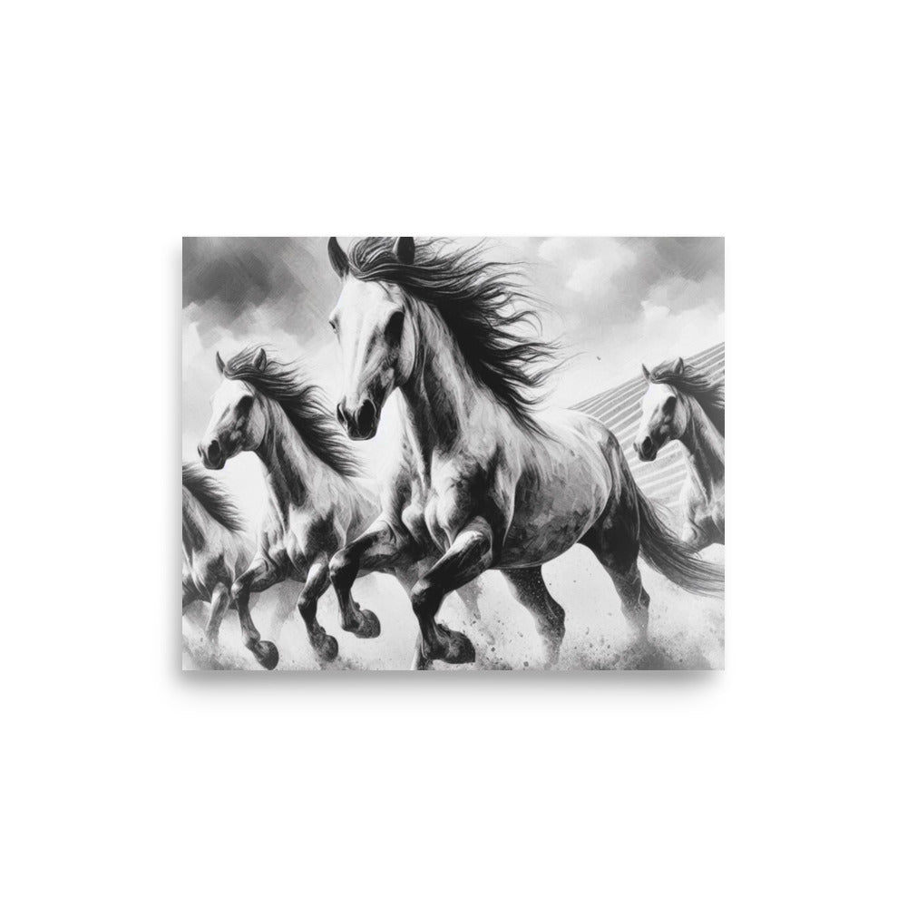Black and white Running Horses- Minimalist Black & White UK wall art poster print canvas by Impressions Art in size A4.