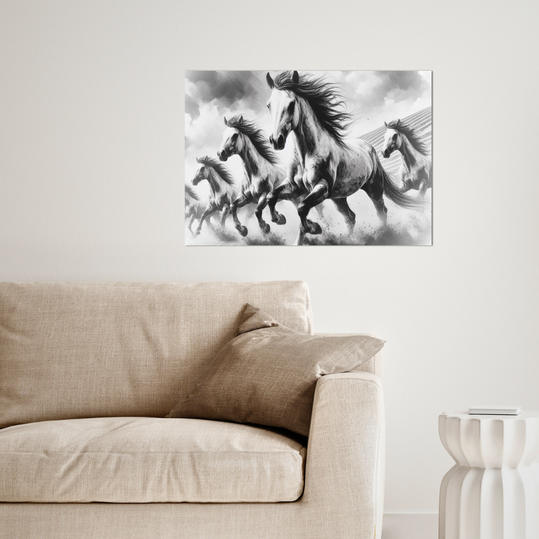 Creative Running Horses Black & White UK art print for home and office decor by Impressions Art.