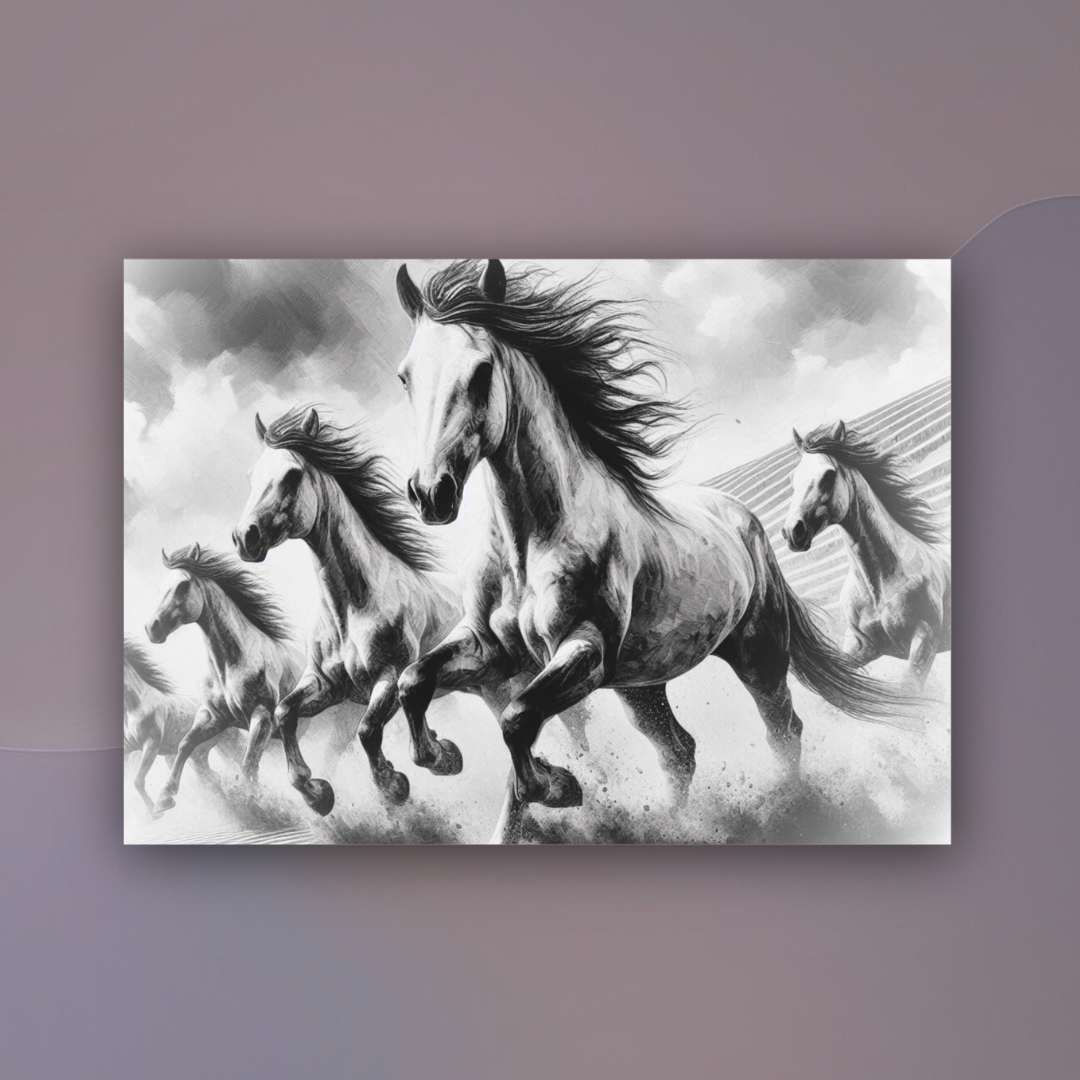Beautiful Black & White horses running in a field- modern UK wall art by Impressions Art. 