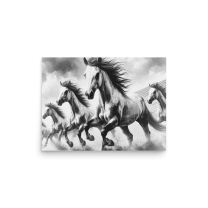 Black and white horses running-Minimalist design UK art poster for home by Impressions Art.