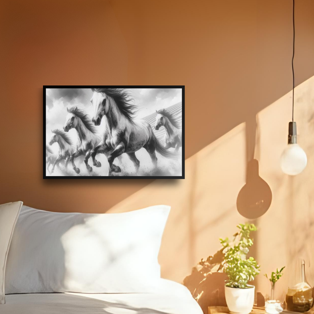 Framed artwork of running horses on a wall above a bed in a bedroom.