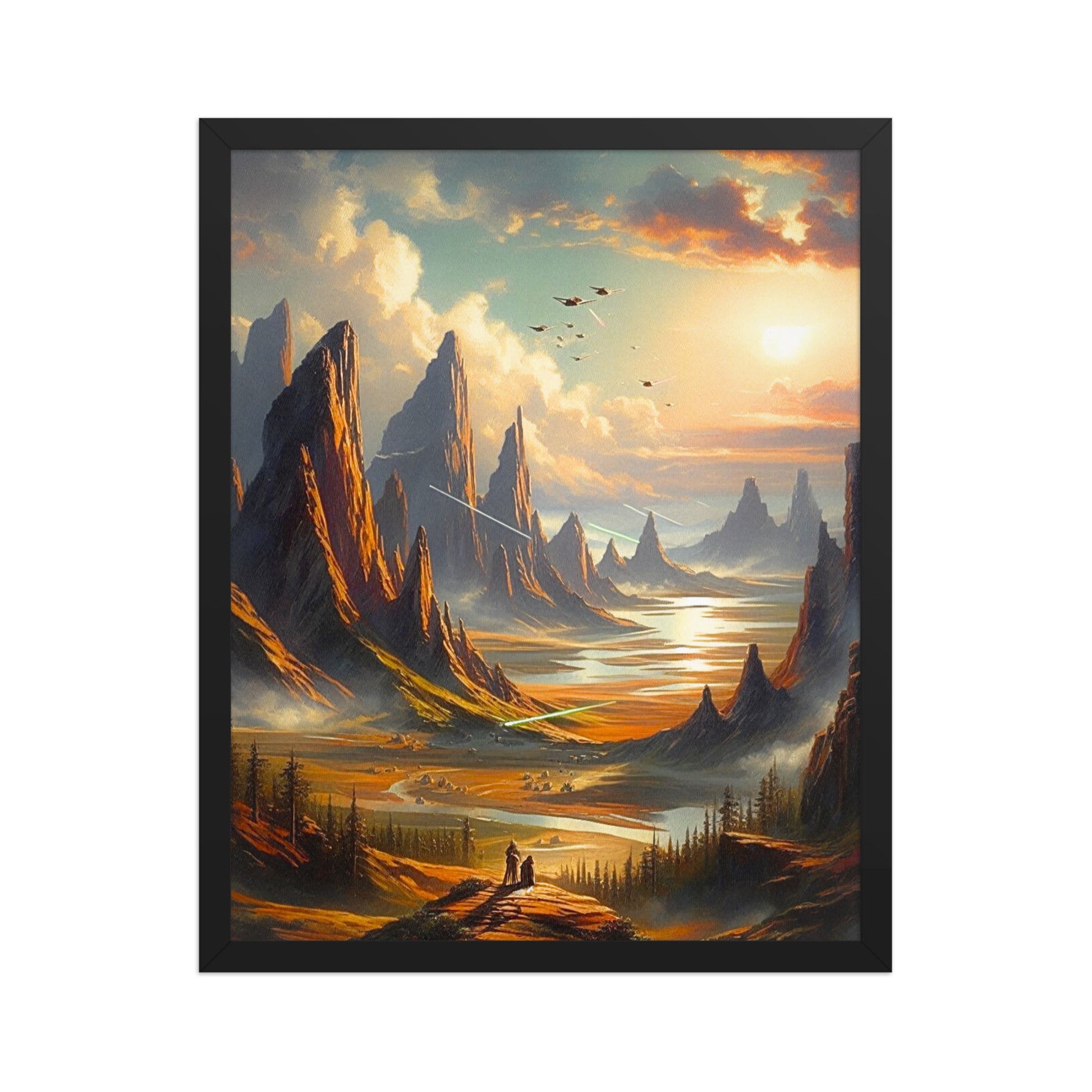 Minimlaist framed artwork of a sci-fi mountainous landscape with a beautiful sunset, A2 size wallart by Impressions Art UK. 