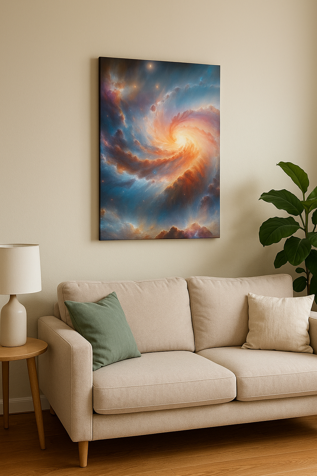 Luxury galaxy canvas wall art above sofa in modern UK living room by Impressions Art.