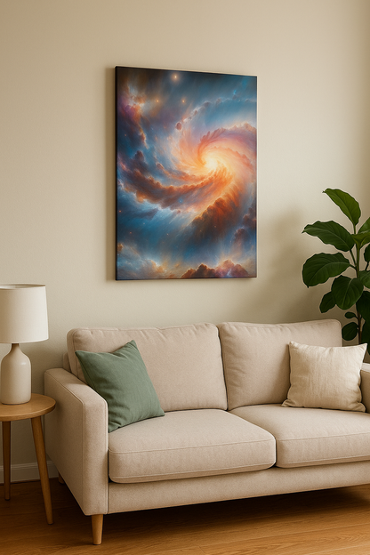 Luxury galaxy canvas wall art above sofa in modern UK living room by Impressions Art.