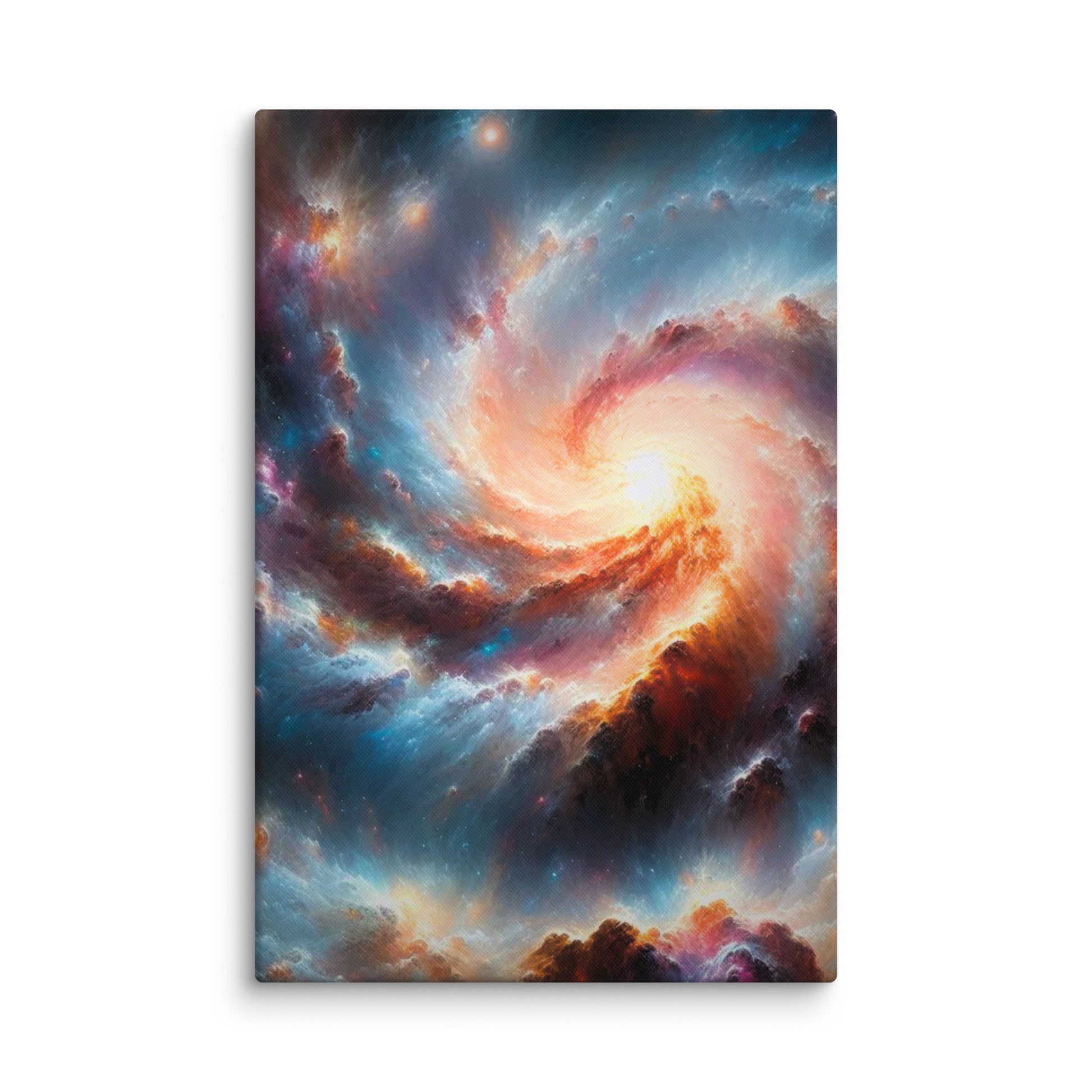 A canvas print of a colorful spiral galaxy in A2 size on a white background for modern UK home decor by Impressions Art.