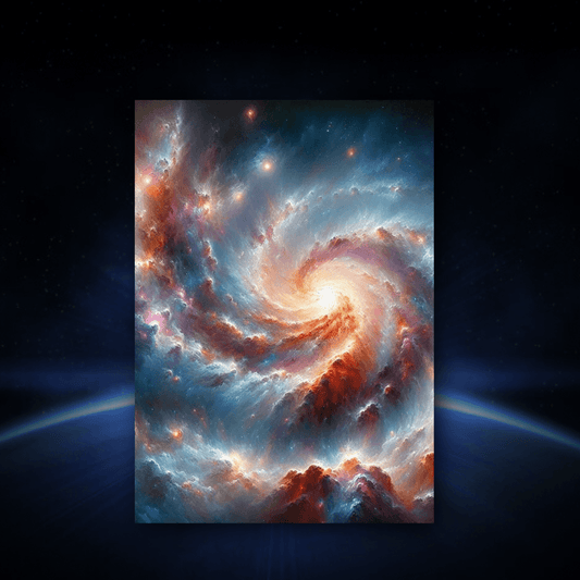 Spiral galaxy canvas wallart with vibrant colors on a dark background for premium home decor by Impressions Art UK.
