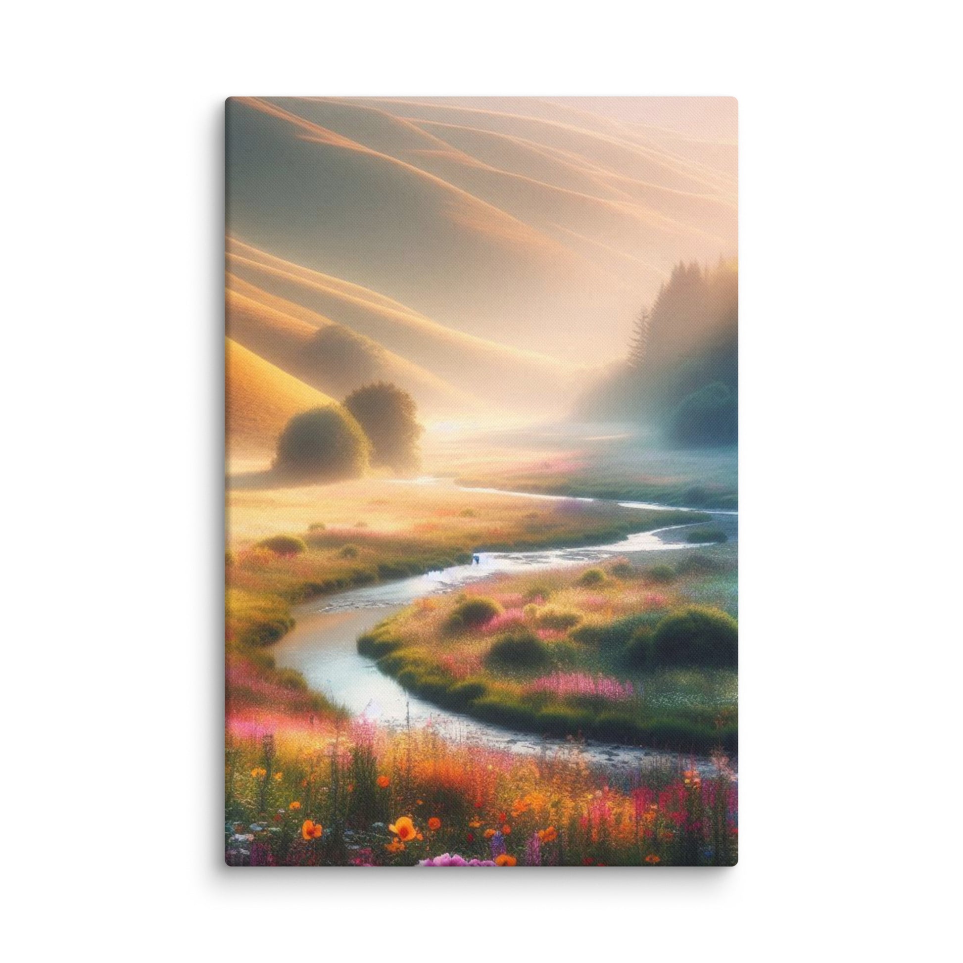A Thick canvas print of a vibrant scenic UK landscape with a river and field in A2 size for modern interior decor by Impressions Art. 