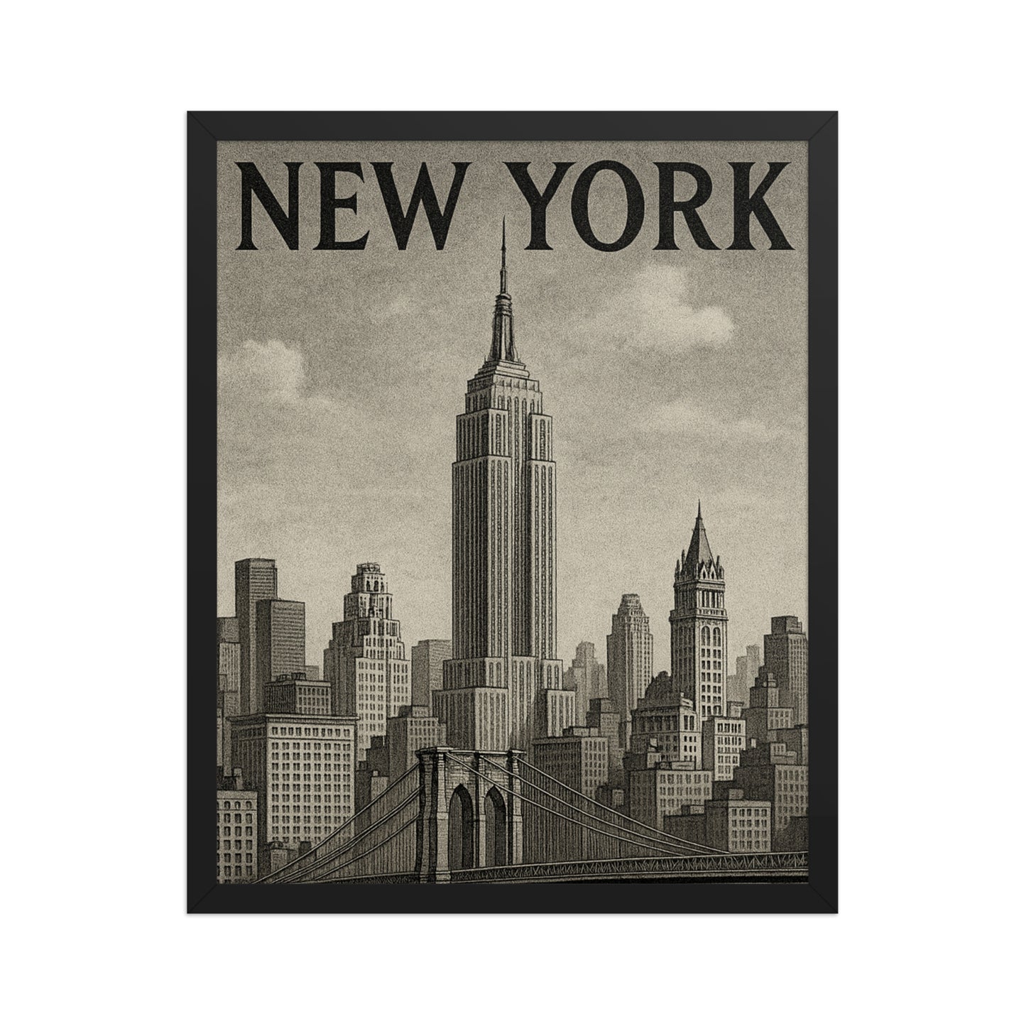 Framed vintage New York cityscape poster by Impressions Art in A2- classic urban skyline UK wall art design ideal for contemporary home decor.