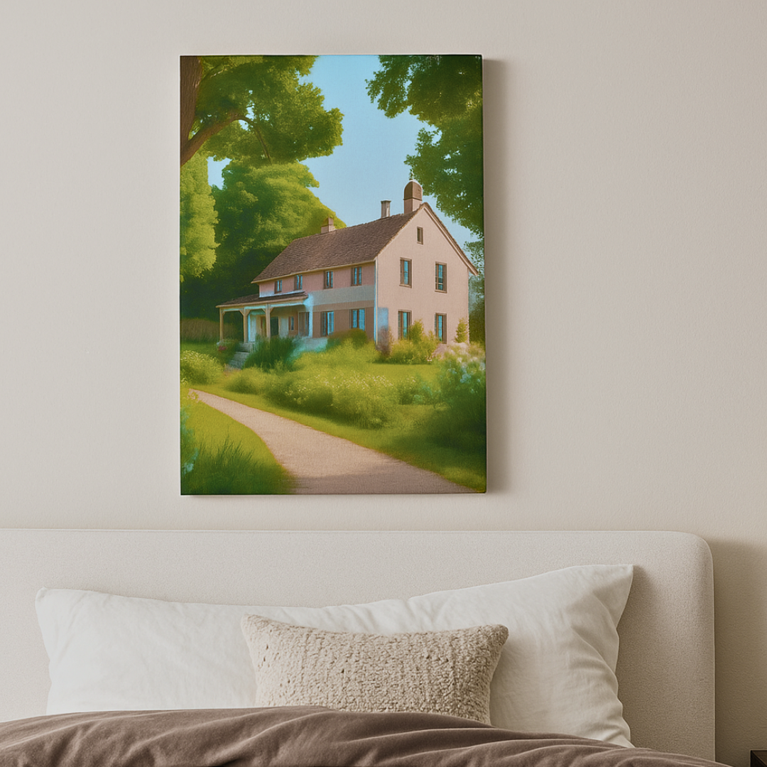 Canvas painting of a vintage house with a path leading to it, hanging above a bed.