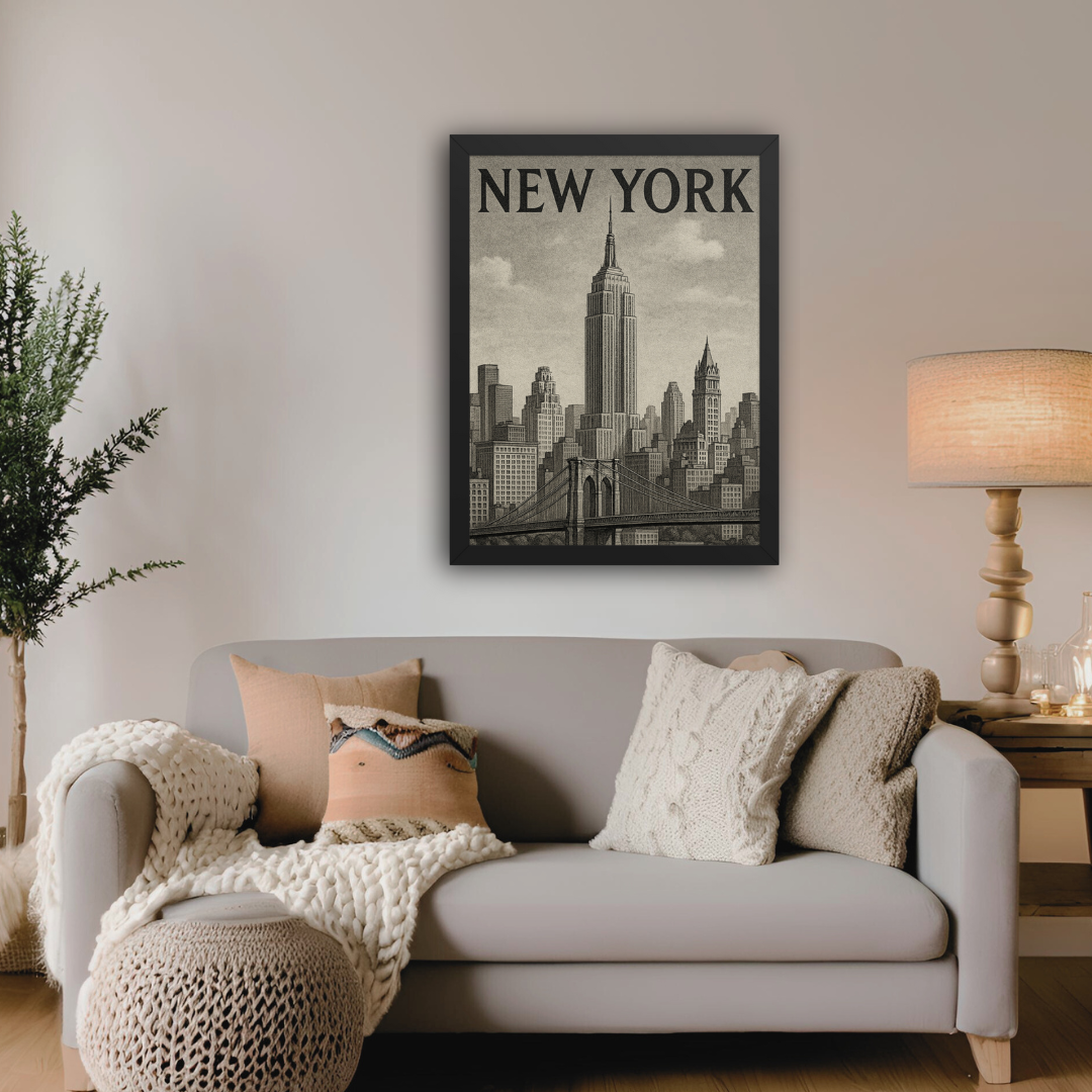 Beautiful black and white New York inspired framed poster design for home and office decor by Impressions Art UK.