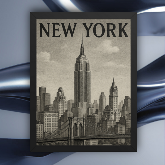 Framed vintage cityscape poster of New York, designed by Impressions Art – ideal for modern interior decor.
