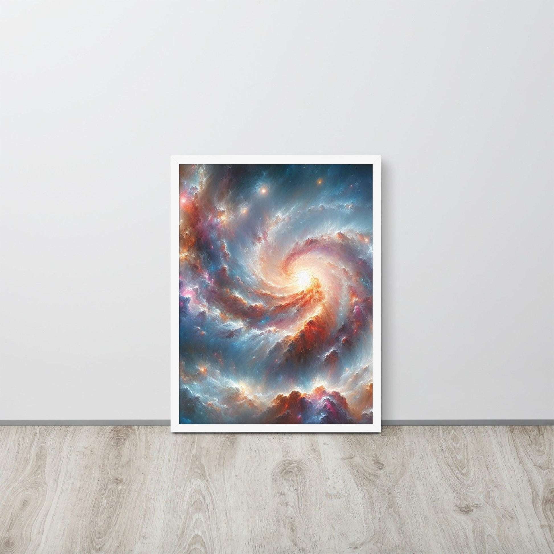White framed poster of a premium space inspired colourful galaxy by Impressions Art UK for modern interiors. 