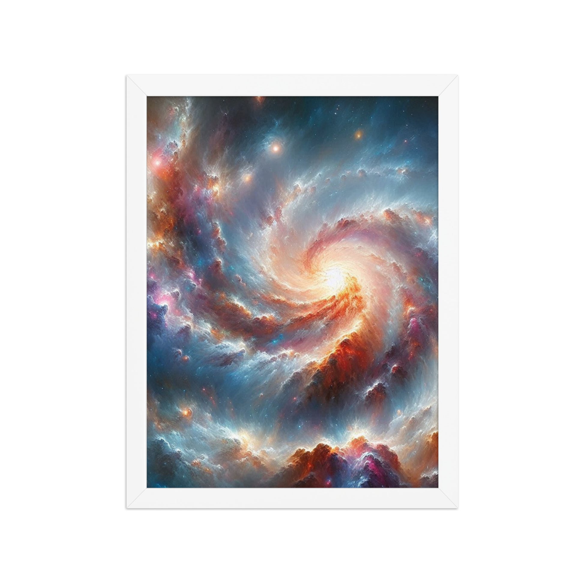 Framed poster of a spiral galaxy with vibrant colors on a white background for bedroom decor by Impressions Art.